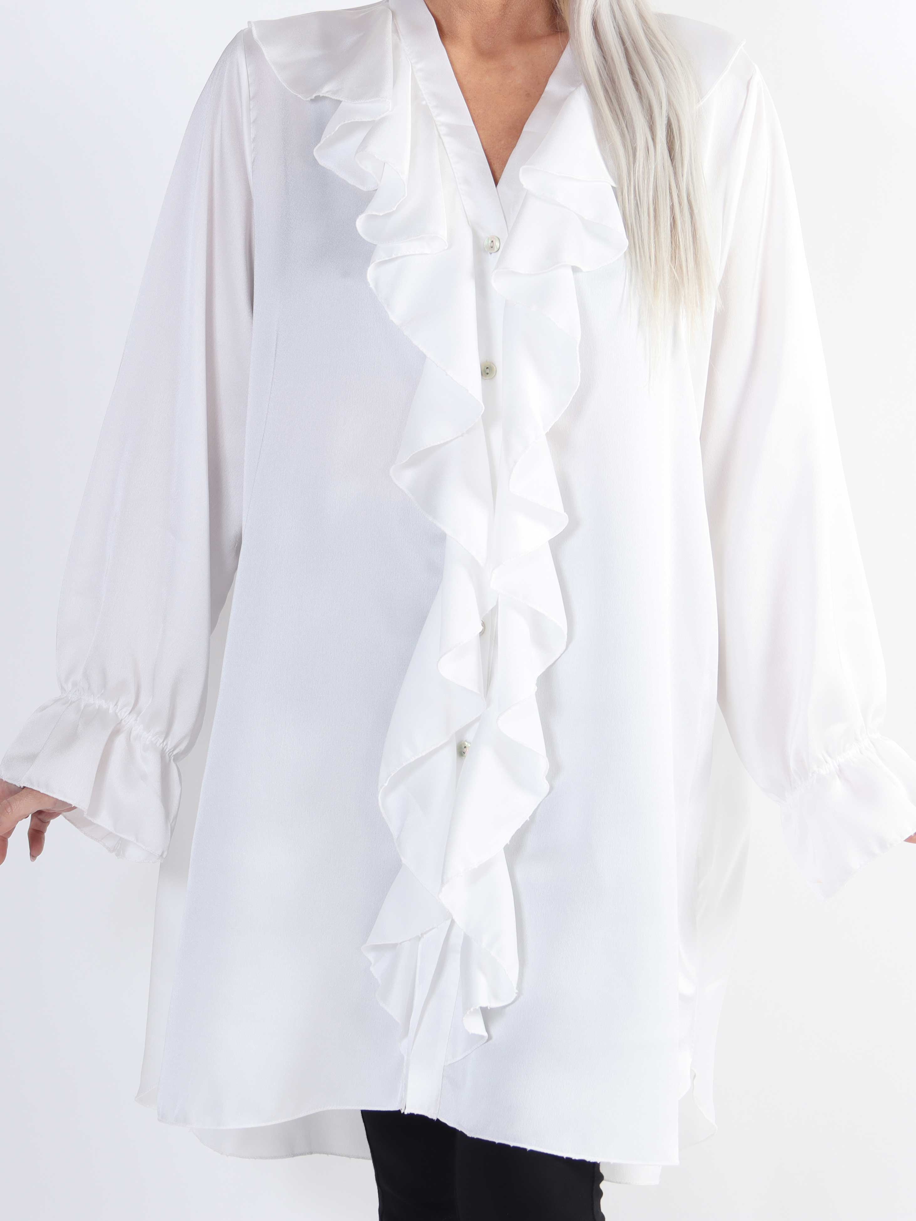 Abira - Enfärgad plus size skjortklänning i silkelook med volanger